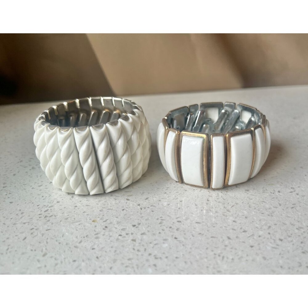 Expansion Bracelets MCM White Thermoset Lot Of 2 Rope Rectangular Retro Boho - Picture 1 of 6